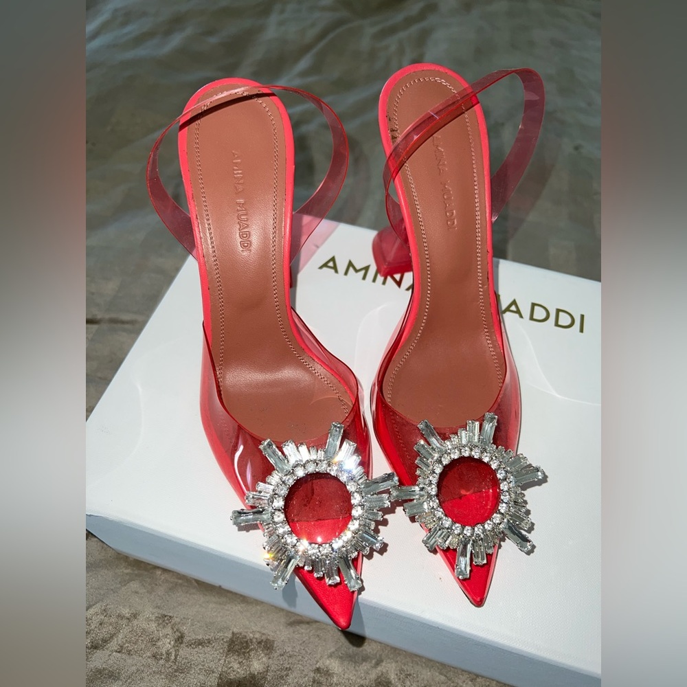 Amina Muaddi Transparent Begum Glass Slingback pumps in bubblegum pink